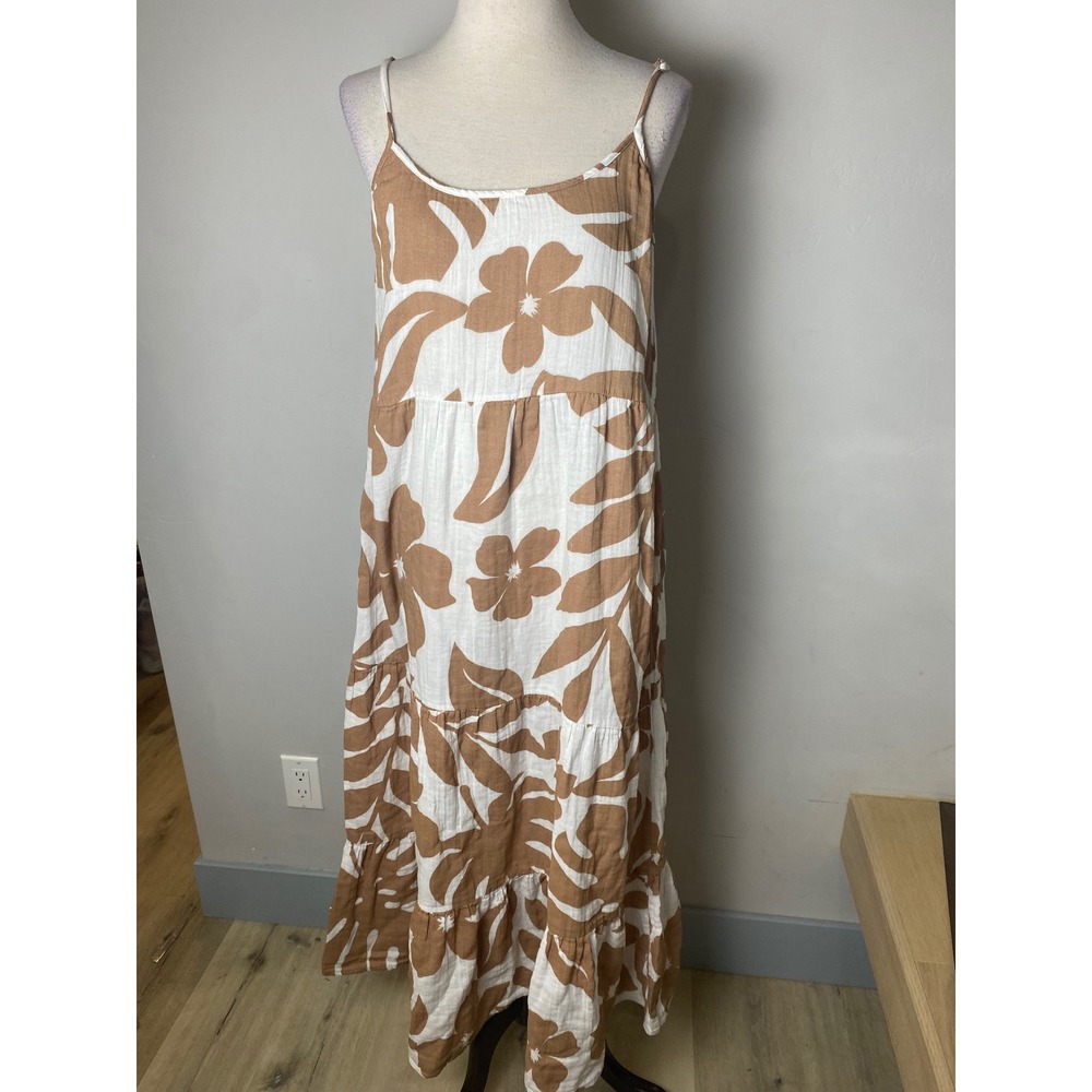 Turks & Caicos Floral Maxi Dress Tan White Tropical Gauze Tiered Sundress Medium